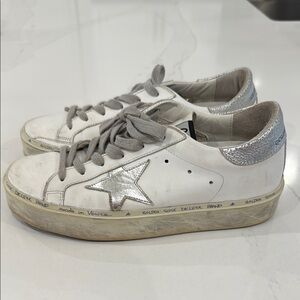 Golden Goose White and Silver Distressed Sneakers
